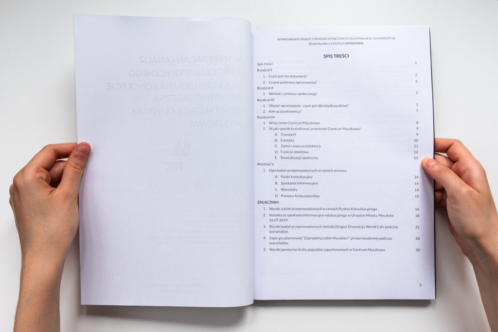 Publikacja -Wyniki badań i analiz z procesu społecznego dla konkursu na koncepcję architektoniczną rewitalizacji centrum Myszkowa